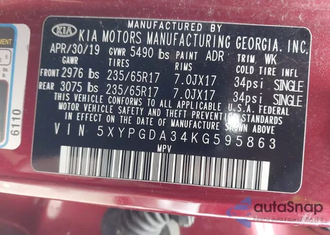 2019 Kia Sorento 2.4L Lx from USA, damaged, VIN 5XYPGDA34KG595863